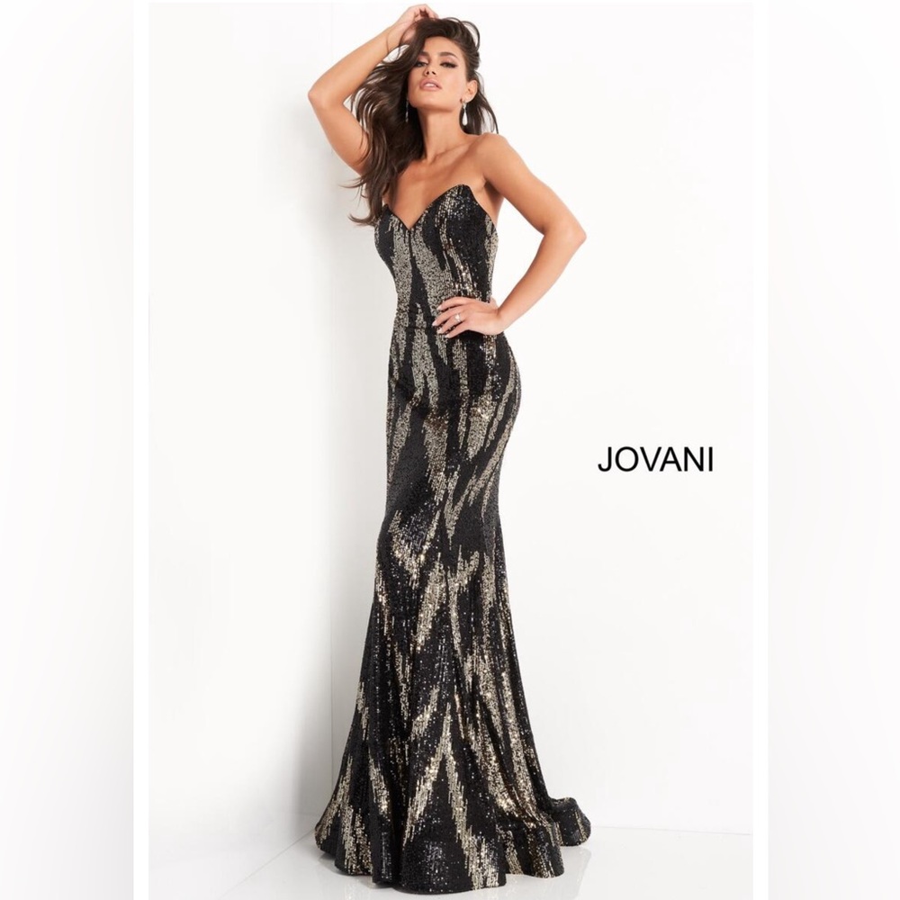Jovani Strapless Black Gold Sequin Prom Dress